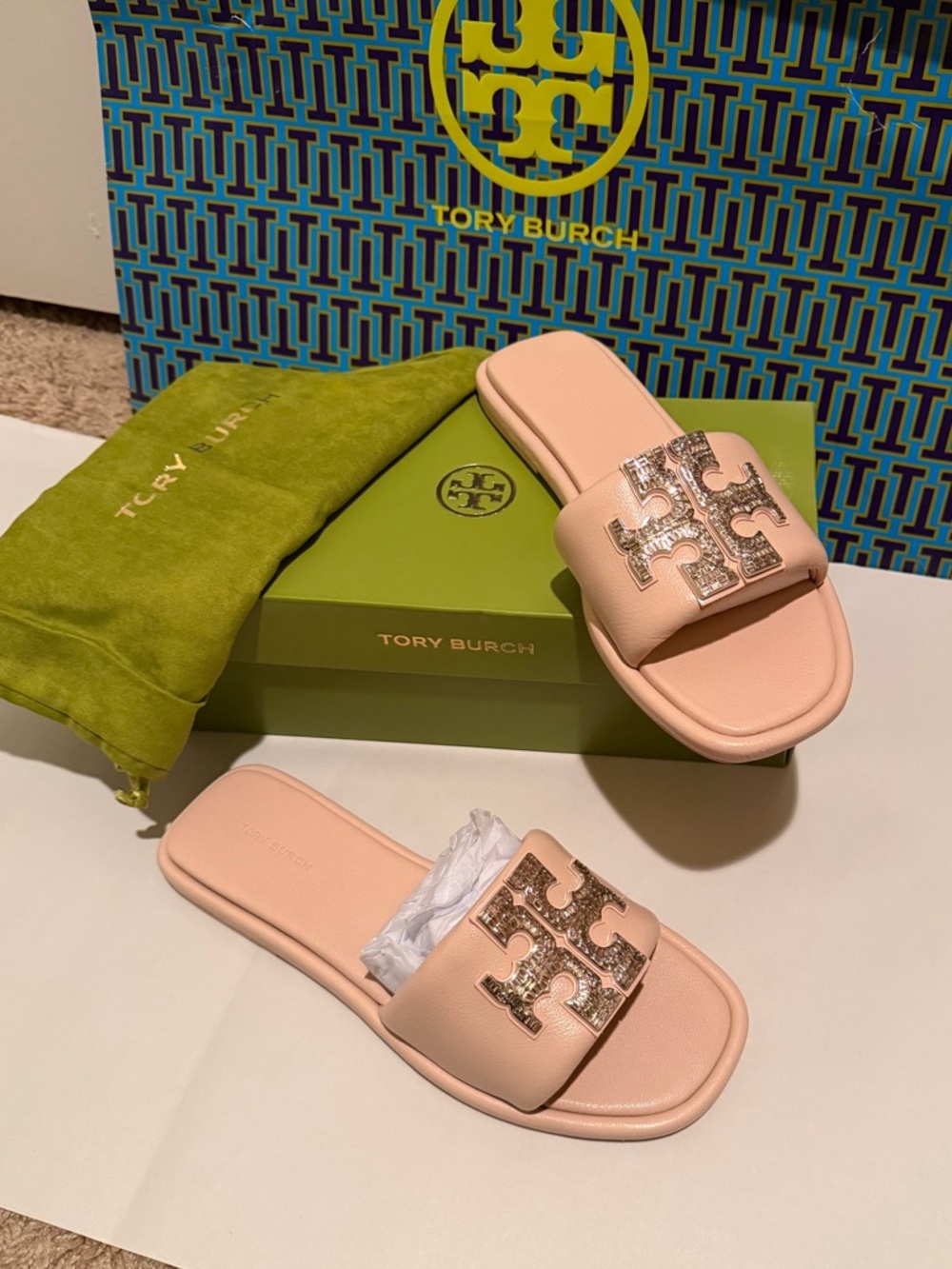 Tory Burch Shell Pink Double T Deco Sport Slide Sandals